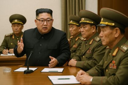 North Korean dictator Kim Jong-Un holds a staff meeting shortly before the execution of another senior North Korean military official.