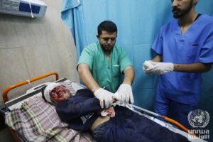 Palestinian child wounded by an Israeli airstrike in Deir el-Balah, Gaza Strip.